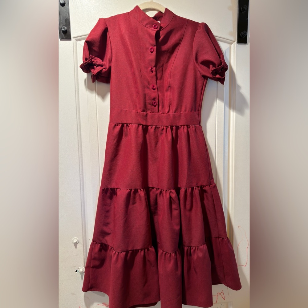 Women's Burgundy Midi Tiered Dress with Button Front